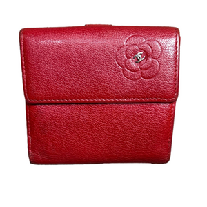 CHANEL Vinatge Red Camellia Embossed Leather Compact Wallet CC Logo
